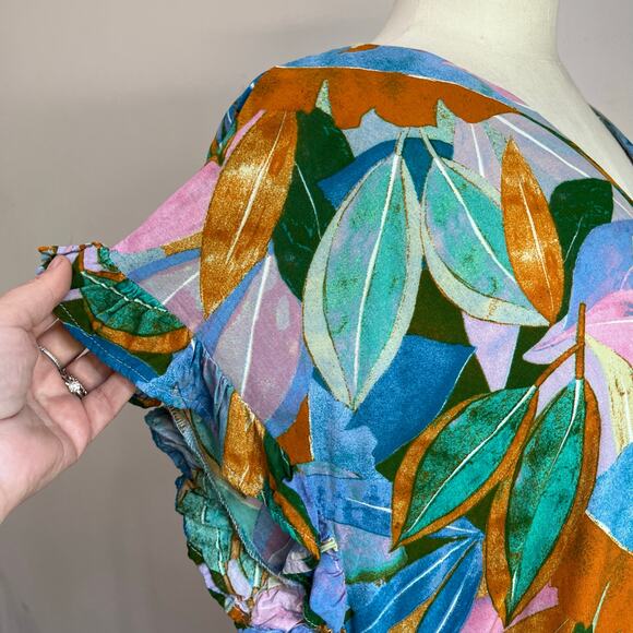 UMGEE Multicolored Leaf Print 100% Rayon V Neck Short Sleeve Dress Size M - Picture 5 of 8